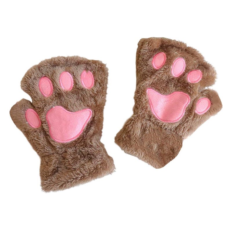 Cute cat paw gloves for women, warm and cold-proof plush half-finger gloves for autumn and winter, thickened and fleece-lined, perfect for students writing without exposing fingers.
